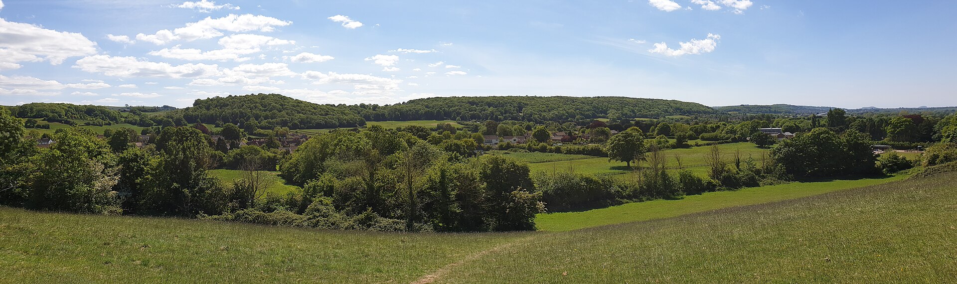 Wide panorama of green fields, hedgerows and woodland under a blue sky with the edge of the Mendip Hills behind a village.